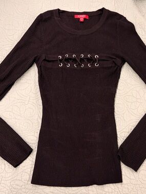 Guess Black Ribbed Top with Red Logo Tag
